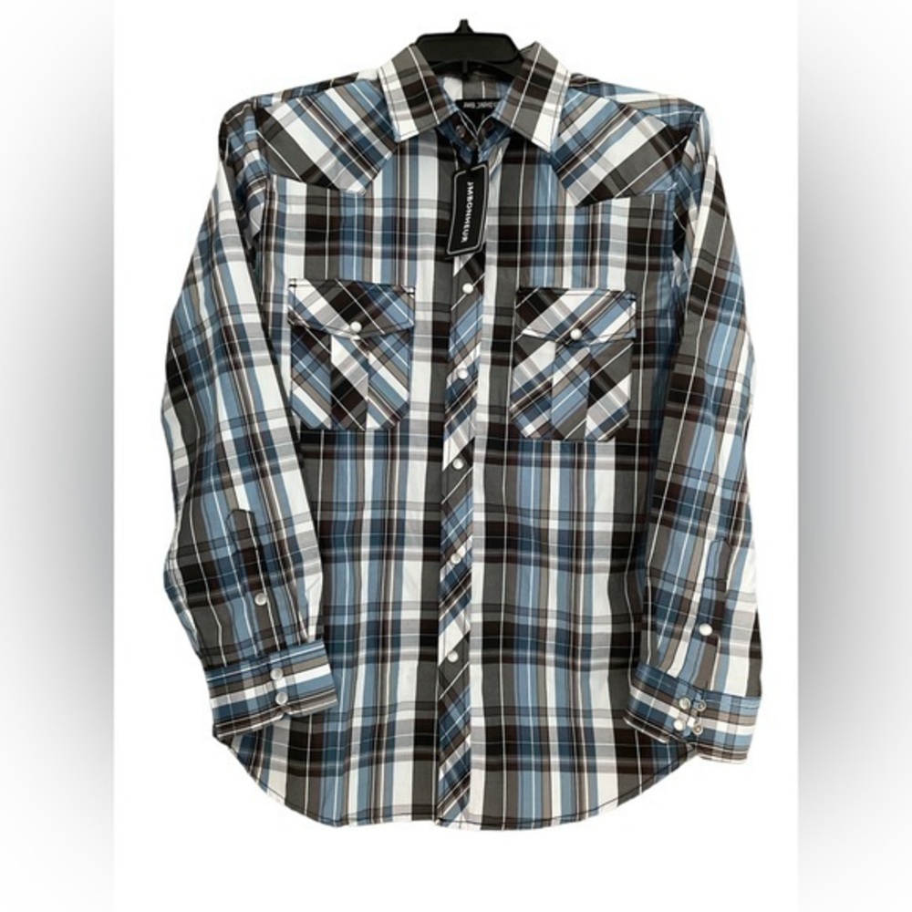 Mens Western Blue Plaid Pearl Snap Shirt Roll Tab Sleeve Cowboy NWT Small Rodeo